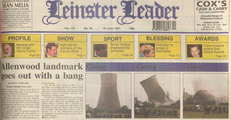 Leinster Leader front page from 1997 showing demolition of Allenwood cooling towers.