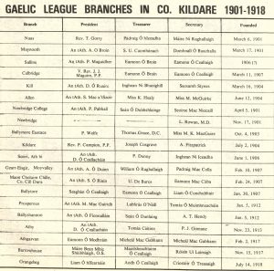 Summary of Gaelic League branches in County Kildare circa 1918. Taken from Leinster Leader anniversary supplement.