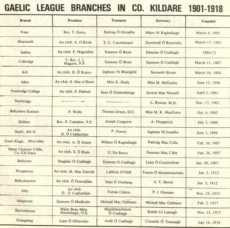 Summary of Gaelic League branches in County Kildare circa 1918. Taken from Leinster Leader anniversary supplement.