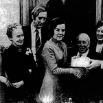 Photograph of Fianna Fáil tribute presentation to Hetty Behan from Irish Press of 20 February 1974.