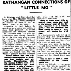 Leinster Leader of 26 July 1952 highlighting Rathangan connections with tennis champion Maureen "Little Mo" Connolly