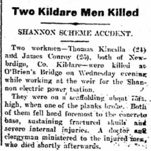 Kildare Observer short report on death of two Kildare workers on Shannon Scheme in August 1929.