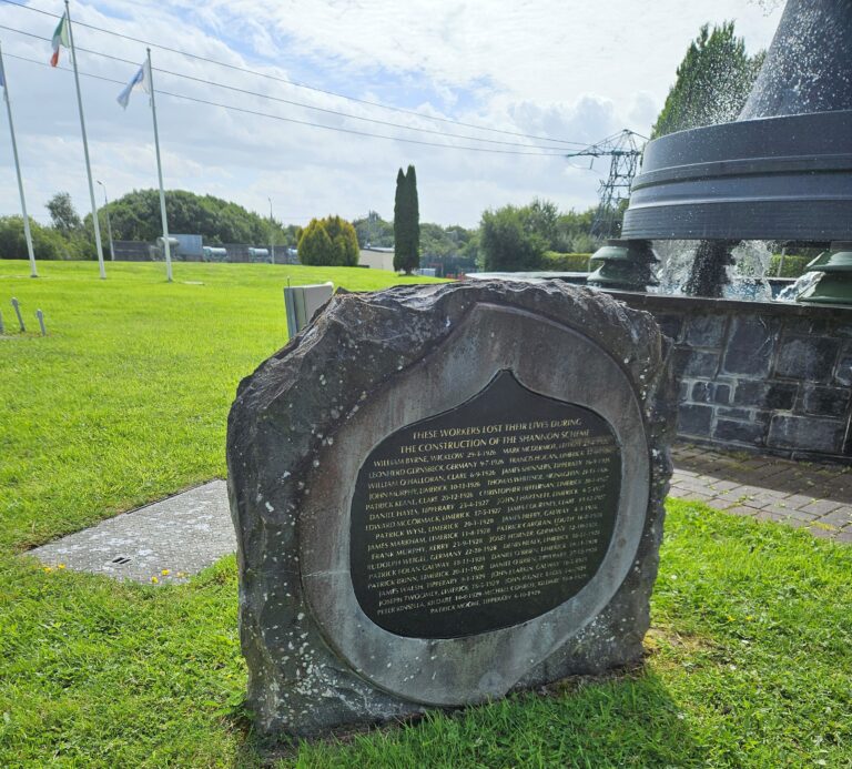 Memorial at Ardnacrusha to those who died on the Shannon Scheme, including names of two Kildare workers.