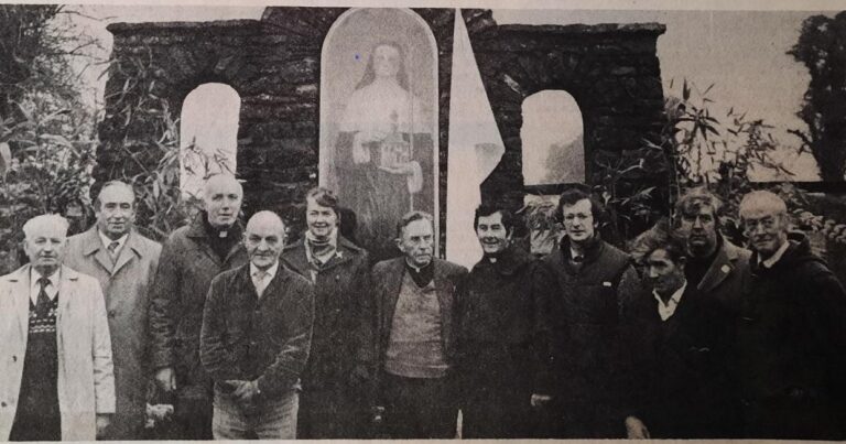 Pictured at the unveiling of statue to St. Brigid at Tully, Kildare in 1984 were Mr Jimmy Gilroy, Mr Seán Breen, Rev. Fr. Cunningham O.Carm., Mr. Mick Downey, Sr Brigid (Moore Abbey), V. Rev. R. Prendergast P.P., Rev. Fr. Heaslip, O.Car., Mr. Ollie McCormack, Mr Pat Brown, Mr Seán Moran and Mr John Dunne.