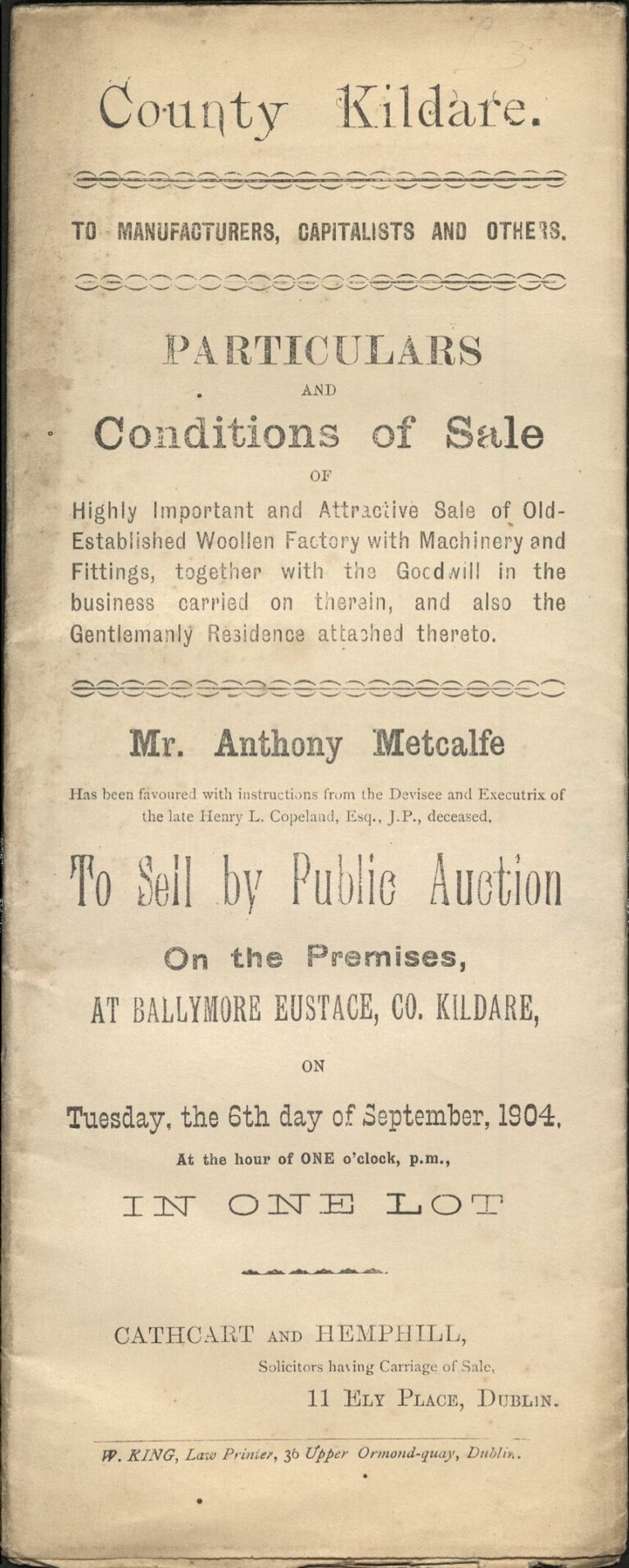 Prospectus for sale of Ballymore-Eustace Woolen Mills in 1904