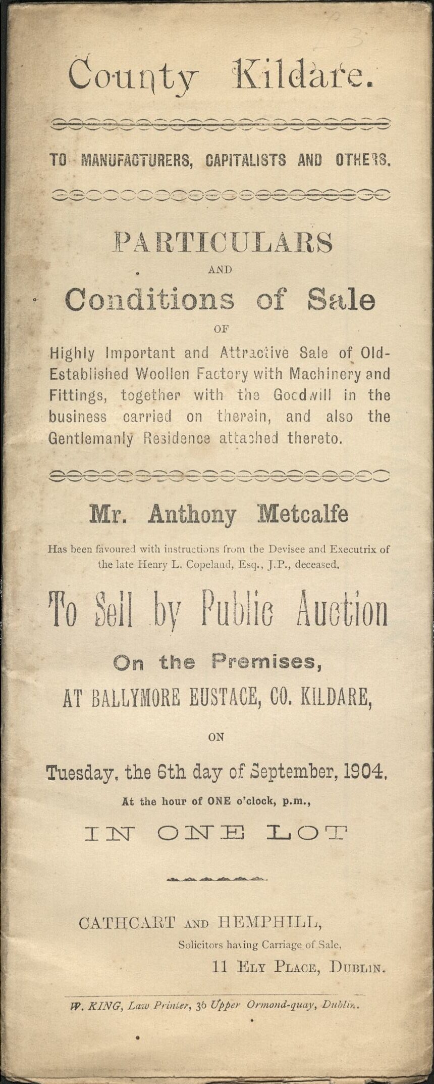 Prospectus For Auction of Ballymore-Eustace Woolen Factory in 1904